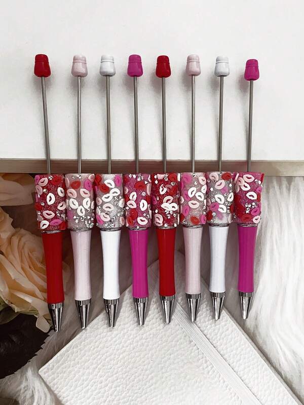 Set de 4 piezas/Set de 8 piezas Pegatinas labiales navideñas, Bolígrafo de cuentas estrellado hecho a mano, Colores surtidos