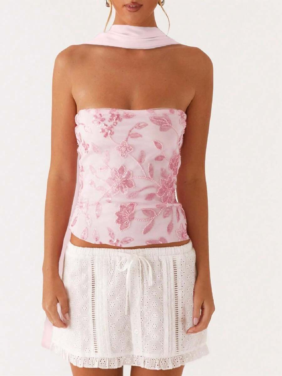 Women Y2K Sequin Tube Top With Neck Scarf Sparkly Floral Bandeau Cami Pearl Embellished Glitter Rhinestone Going Out Shirt - 粉色 - 查看 1