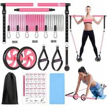 Pilates Bar Kit With Resistance Bands, Full Body Workout Pilates Equipment Home Gym & Travel - Pink - View 1