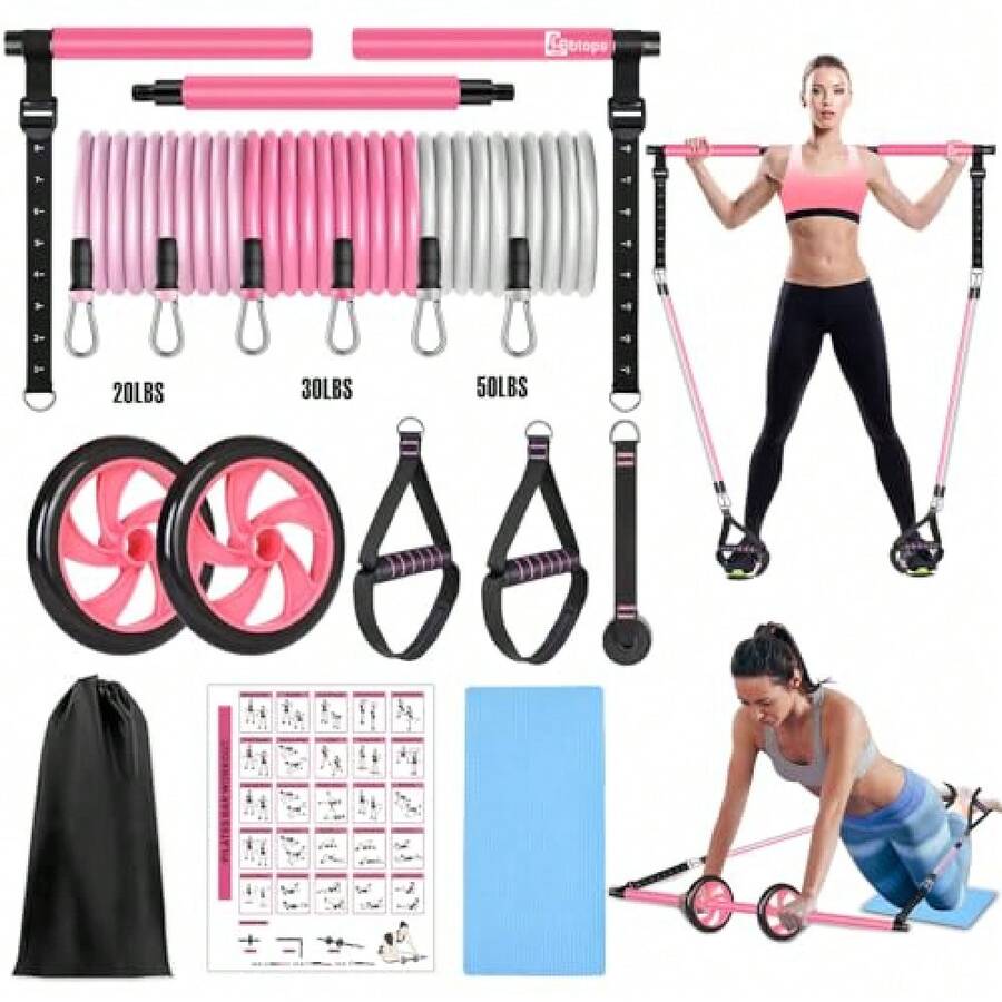 Pilates Bar Kit With Resistance Bands, Full Body Workout Pilates Equipment Home Gym & Travel - Pink - View 1