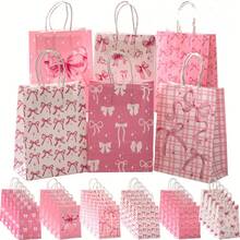 6/12 件粉色蝴蝶结主题派对礼品袋 - 优雅的纸质礼品袋，带手柄，适合婚礼、新娘送礼会、生日和特殊场合，饰有蝴蝶结、星星和粉色几何图案，婚礼派对礼品 | 异想天开的蝴蝶结设计 | 坚固的手柄袋，新娘派对礼物
