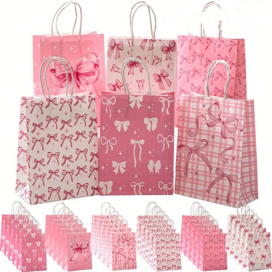 6/12 件粉色蝴蝶结主题派对礼品袋 - 优雅的纸质礼品袋，带手柄，适合婚礼、新娘送礼会、生日和特殊场合，饰有蝴蝶结、星星和粉色几何图案，婚礼派对礼品 | 异想天开的蝴蝶结设计 | 坚固的手柄袋，新娘派对礼物