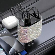 1个双USB车载充电器，手工闪亮水晶钻石汽车装饰，5V快充适配器，兼容安卓/智能手机