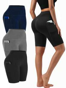 3pcs/Set Spring/Summer Seamless Knit Fabric Booty Shaping Yoga Shorts, High Elasticity, With Side Pockets - Multicolor - View 2