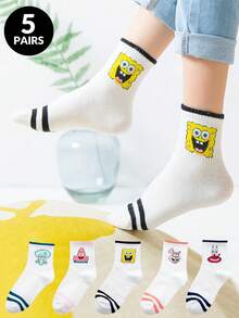 SPONGEBOB 1/3/5双装女士透气高弹卡通海绵宝宝印花中筒袜，吸湿排汗抗菌除臭时尚趣味表情薄款船袜，适合夏秋穿着 - 彩色 - 查看 6