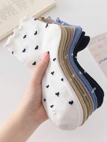 4 paires de chaussettes montantes femme à motif cœur volantés noir et blanc, respirantes et confortables, convenant à toutes les saisons, assortiment de couleurs aléatoires - Multicolore - Voir 8