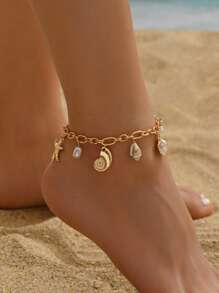 1 pieza Tobillera de estilo vacacional de playa con múltiples colgantes, fashionable joyería de mujer con dije de estrella de mar metálica y concha natural. Adecuado para uso diario, citas, viajes y vacaciones. El tamaño y el patrón de las conchas naturales son aleatorios.