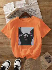 Women's Ghost Print Short Sleeve Casual Round Neck Regular T-Shirt, Summer - Orange - View 3