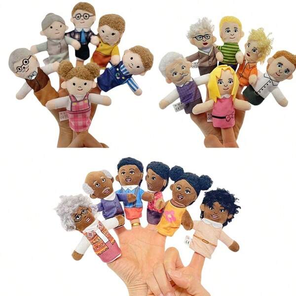 18 piezas, 6 piezas, 1 pieza, 3 piezas Marionetas de dedo familiares de madera, regalo de Navidad, Halloween, Acción de Gracias, marionetas para juego de roles para miembros de la familia. Muñecas auxiliares para el aprendizaje de historias originales - Accesorios para narración de cuentos y lectura (tonos de piel aleatorios: negro, amarillo, blanco; patrones de ropa aleatorios)