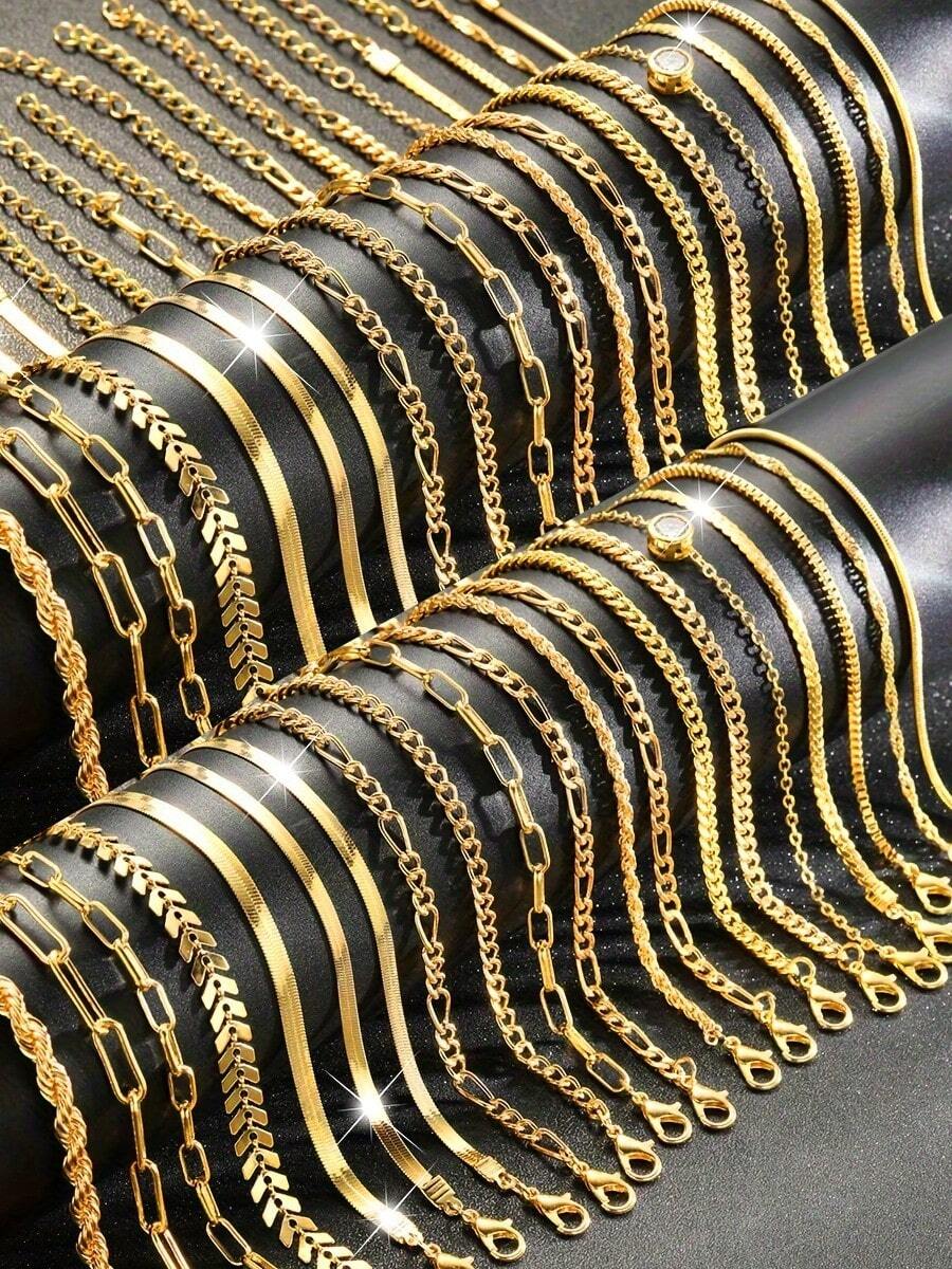 20pcs/5pcs Set Elegant Everyday Gold Tone Women Layered Bracelets, Snake Chain, Lock Chain, Twisted Chain, Assorted Bracelet Set For Girls, Everyday Wear - Gold - View 1