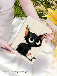 A Cute And Minimalist Clear Drop Back Case With Pen Slots, A Tri-Fold Stand Case With A Black Cat Pattern With Big Eyes, Support For Sleep-Wake Function, Compatible With IPad And Galaxy Tab