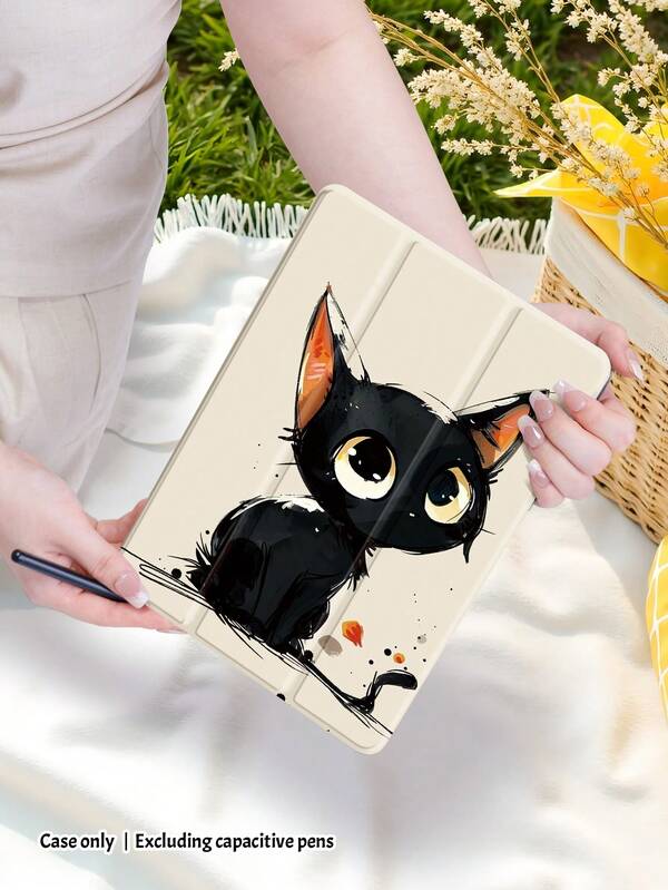 A Cute And Minimalist Clear Drop Back Case With Pen Slots, A Tri-Fold Stand Case With A Black Cat Pattern With Big Eyes, Support For Sleep-Wake Function, Compatible With IPad And Galaxy Tab
