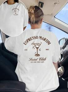 Camiseta de mujer de manga corta casual - Estampado gráfico de cóctel de Espresso Martini con el lema "Sabe tan bien como se ve", cuello redondo y ajuste relajado