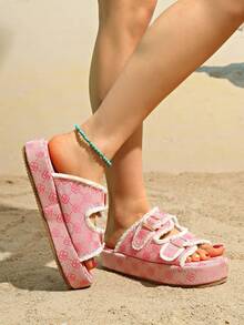 Women's Round Toe Thick Bottom Presbyopia Fashionable Candy Color Open Toe Increased Height Versatile Beach Slippers - Pink - View 4