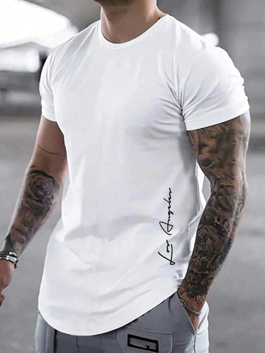 Manfinity Homme Hombres Camiseta con estampado de letra - Blanco - Ver 1