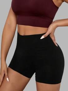 1pc Women's Seamless High Waist Solid Color Knitted Sports Shorts, Yoga Training Cycling Shorts, Comfortable Skin-Friendly Fashion Activewear