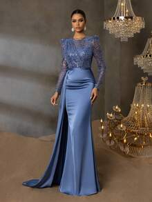 Elisanya Váy dạ hội đuôi cá sequin thanh lịch với chân váy satin dài chấm đất | Thiết kế trang trọng thanh lịch sang trọng | Hoàn hảo cho đám cưới, tiệc Gala, sự kiện thảm đỏ và bữa tối trang trọng - Màu xanh bụi bặm - Xem 7