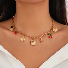 1pc Stainless Steel Mermaid, Starfish, Scallop, Sun, Mushroom, Ladybug, Heart, Chili Pendant Necklace, Versatile For Women Everyday, Party, Music Festival Jewelry - Yellow Gold - View 7