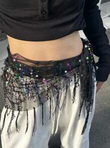1pc Women's Dance Waist Chain & Belt, Jazz & Belly Dance Performance Hip Scarf Sequin Tassel Triangle Decorated Waistband