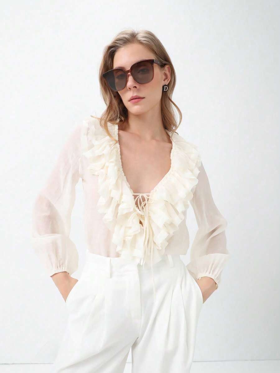 Ladies' New French Ruffle Edge Design With V-Neck Lace Up Long Sleeved Shirt - Beige - View 1