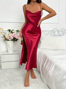1pc Women's Elegant Solid Color Slip Dress With Slit, Sexy Spaghetti Strap, Lightweight And Soft Sleepwear For Homewear, Vacation