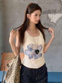 Women's Floral Print Square Neck Ribbed Casual Tank Top