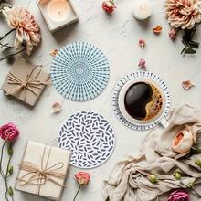 6 件木制杯垫 - 装饰性桌面保护，适合圣诞节、万圣节、感恩节和父亲节 - 理想的乔迁礼物和家居装饰，直径 3.85 英寸 - 彩色 - 查看 3