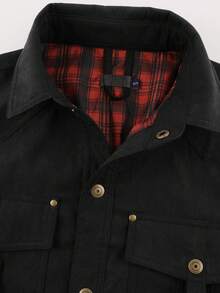 LEDUNTINO [Printemps/Été] Veste cargo mode homme, sport, unie, à carreaux, manches longues, chemise homme printemps automne, col, bouton, poches à rabat, mode et polyvalente, parfaite pour l'extérieur et les déplacements, cadeau idéal pour le petit ami ou le mari Noir - Noir - Voir 3
