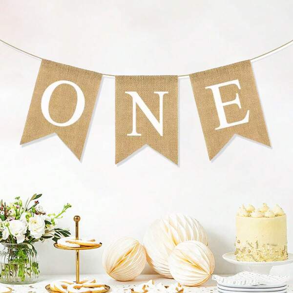 1pc 1st Birthday Burlap ONE Flag Wall Banner, High Chair Decoration
