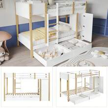 Letto a castello, letto per bambini, letto multifunzionale, 90x200cm, con scaletta a tre gradini, 2 armadietti, 2 cassetti con ruote, pino+MDF, bianco+naturale, senza materasso - Bianco - Visualizzare 7