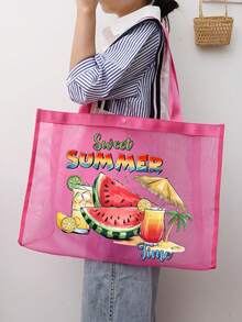 1 件装网状沙滩包尼龙材质字母印花沙滩网手提包，容量大，自己使用或赠送他人，返校用品沙滩包，防水背包度假包，适合朋友、妈妈、老师、母亲节礼物，夏季必备品，沙滩必备品 - 彩色 - 查看 3