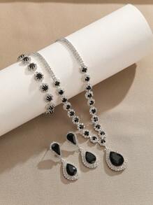 Set de 4 piezas de joyería con colgante en forma de gota de agua, pendientes y pulsera con cristales y rhinestones en diseño geométrico, un accesorio sofisticado y versátil para mujeres, apropiado para uso diario, casual, boda, fiesta, Día de San Valentín y festividades