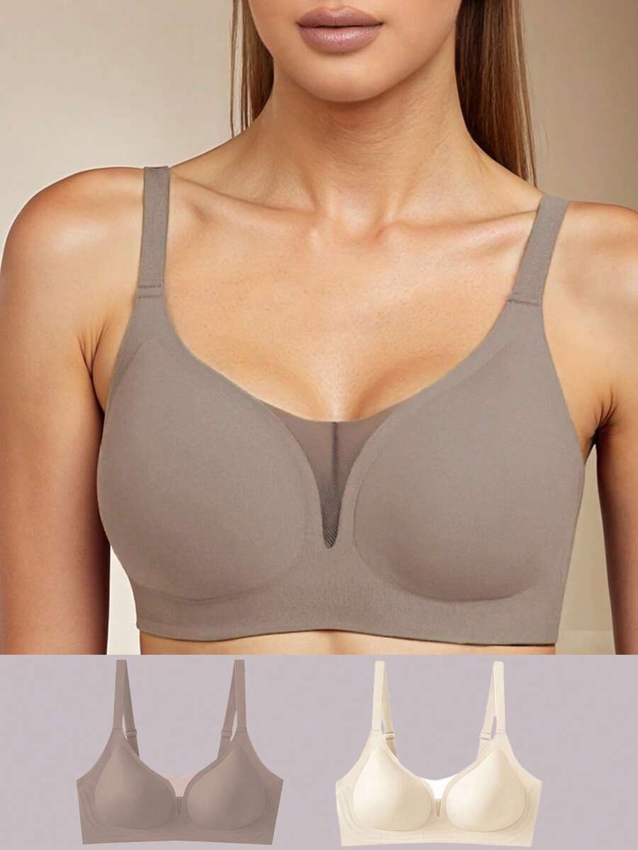 2pcs/Set Plus Size Women Smooth Invisible Plunge Bras, Thin Sexy Deep V Lightly Lined Push Up Bras - Multicolor - View 1