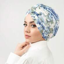 1PC Fashionable Versatile Feather Metallic Gold Print India-Style Head Wrap Turban, Cancer Chemo Hat For Hair Coverage