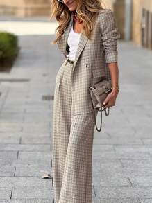 Ensemble veste blazer à carreaux pour femmes, veste taillée et pantalon large, mode de bureau