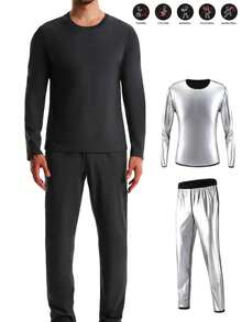 1set,Outdoor Sports Men's Sweatshirt Long Sleeved Pants Set, Suitable For Sports Such As Basketball, Running, Hiking, Fitness, Etc. Cross Border Hot Selling European And American Men's Fitness Suit Set, Casual Silver Coated Sports Sweatshirt Shapewear Round Neck Top With Elastic Band Fitness Pants Workout Clothes