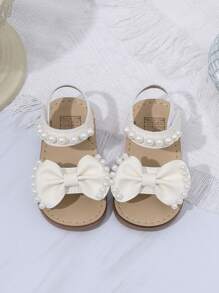 1 Pair Girls' Solid Color Open Toe Bowknot Pearl Hook And Loop Sweet Princess Style Flat Sandals, Non-Slip And Breathable, Suitable For Summer