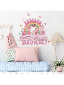 1 件故事书儿童房墙贴 - 童话书主题可移除儿童房装饰，卡通城堡龙教育墙贴适用于游戏室家居装饰