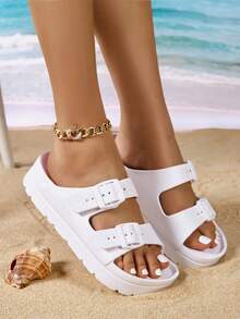 Novas sandálias da moda para mulheres, adequadas para ambientes internos e externos, material EVA confortável, leves e macios, sola grossa, antiderrapante e durável, adequadas para deslocamento do trabalho, praia, caminhada - Branco - Ver 4