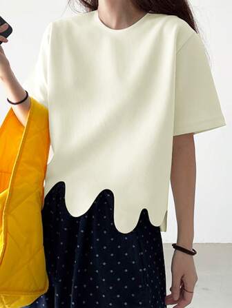 Unique Niche Design Crew Neck Asymmetrical Wavy Print Loose Versatile Short Sleeve T-Shirt, Summer