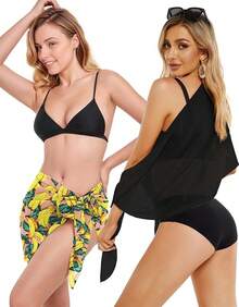 CHICGAL 2 Pieces Women Beach Sarong Bathing Suit Wrap Skirt Sheer Bikini Swimsuit Cover Ups Swimwear - 黑色和香蕉粉紅色 - 查看 7