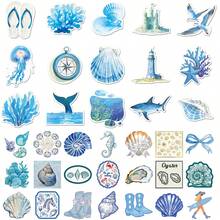 100 件海洋贴纸海洋动物贴纸蓝色贴纸海滩贴纸美学贴纸蔚蓝贴纸卡通涂鸦标签乙烯基防水贴纸适用于笔记本电脑、保险杠、滑板、水瓶、电脑、手机 - 藍色 - 查看 4