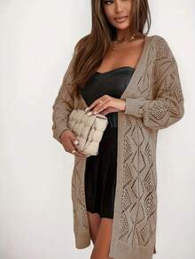 Plus Size Women Casual Hollow-Out Long Sleeve Knit Cardigan, Knee-Length Knitwear Tops For Spring/Summer