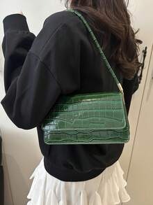 2025年春季新款跨境时尚女士多层手提包，鳄鱼压纹单肩包，优雅腋下包 - 綠色 - 查看 4