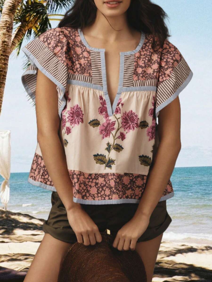 Boho Tops For Women Y2k Vintage Floral Short Sleeve Crop Top Fly Sleeve Floral Ruffle Shirts Out Going Peplum Oversized Loose Fit Blouse Streetwear Beach Vacation Clothes - Nhiều màu - Xem 1