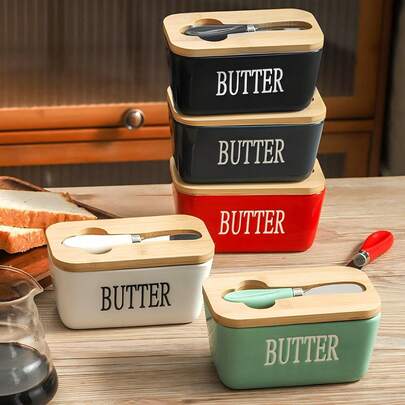 1pc 350ml Ceramic Butter Dish With Lid And Butter Knife, 4 Color Options - Ideal For Home Use, Can Be Used As Cheese Container, Butter Box, Butter Knife, Cheese Knife, Scraper - Butter Container, Sealed Butter Box, Butter Plate, Halloween/Valentine's Day/Christmas Holiday Gift