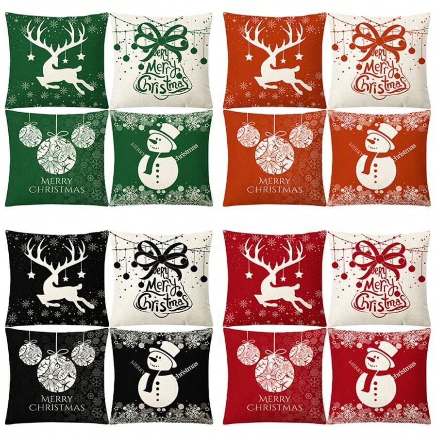 4 Stücke Weihnachts-Leinen bedruckte Kissenbezüge & Stuhlbezüge, geeignet für Wohnzimmer, Bett, Sofa Heimdekoration Kissenhüllen, weich & minimalistisch Sofakissenbezüge, Kissenfüllungen nicht enthalten