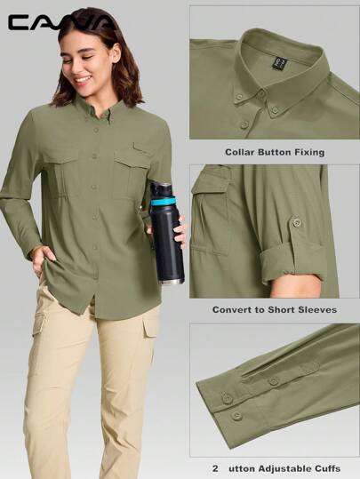 Cavva Women's Quick-Dry Water-Resistant Fishing Shirt Lightweight Breathable Mesh-Like Texture Slightly Loose Fit Convertible Roll-Up Sleeves 2 Hook-And-Loop Chest Pockets Rod Holder Patch Adjustable Button Cuffs Outdoor Hiking Casual