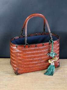 竹编中国红压岁钱信封钱包，复古风格竹制手提包，带流苏吊坠 - 紅色 - 查看 2