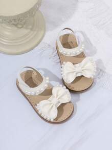 1 Pair Girls' Solid Color Open Toe Bowknot Pearl Hook And Loop Sweet Princess Style Flat Sandals, Non-Slip And Breathable, Suitable For Summer